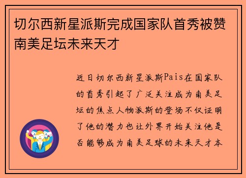 切尔西新星派斯完成国家队首秀被赞南美足坛未来天才